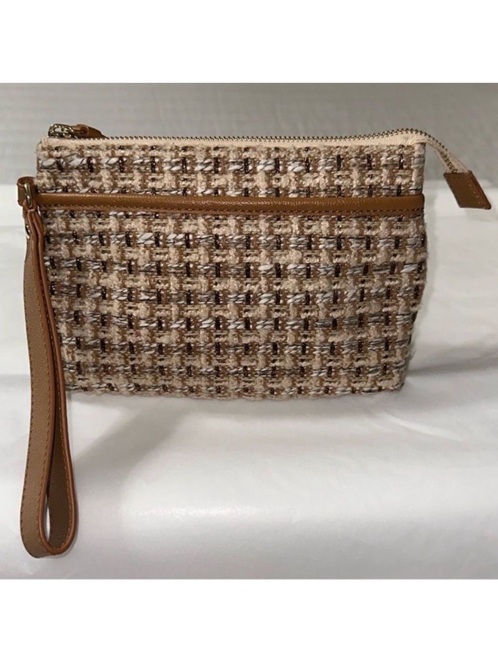 TALBOTS Brown Tan Ivory Metallic Tweed Clutch Wristlet